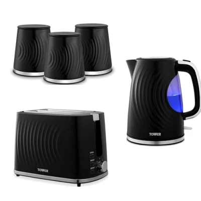 Image of Tower Sonar Black 1.7L 3KW Kettle, 2 Slice Toaster and Tea, Coffee, Sugar Canisters. Stylish Matching Kitchen Set of 5 in Black, Embossed with a Beautiful Ripple Design