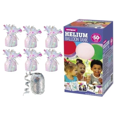 Image of Large helium balloon Canister with 6 Iredescent weights and 10m Ribbon fills upto 50 9 inch latex balloons
