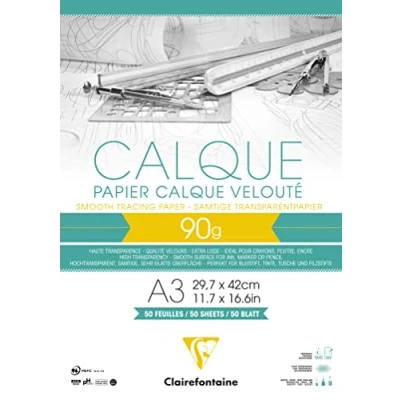 Image of Clairefontaine Ref 97134C Tracing Paper Pad (50 Sheets) A3 Sized, 90/95g, High Transparency, Smooth Surface, Acid Free, Printable Suitable for Ink, Marker &amp; Pencil