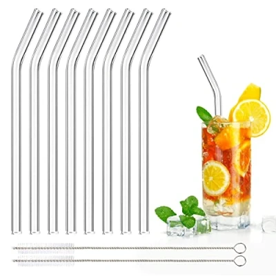 Image of DONQL 8 Pcs Glass Straws Reusable Straw Drinking with 20cm Length Eco Friendly 2 Cleaning Brushes Transparent Clear Perfect for Milk Coffee Coctail (Curved)