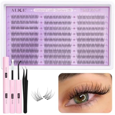Image of ALICE Natural Lash Clusters Kit Clear Band Wispy Extension Cluster Eyelash 162pcs C Curl 11 13mm Individual Lashes with Glue Bond and Seal Tweezers DIY at Home