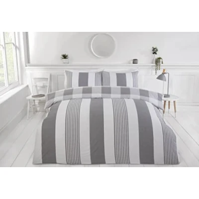 Image of Rapport Home Furnishings Chambray Stripe Duvet Cover Set Reversible Bedding Bed Linen (Single, Grey)