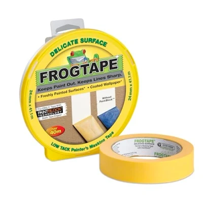 Image of Frog Tape Yellow Delicate Surface Painters Masking 24mm x 41.1m Hanging Pack. Indoor painting and decorating for sharp lines no paint bleed