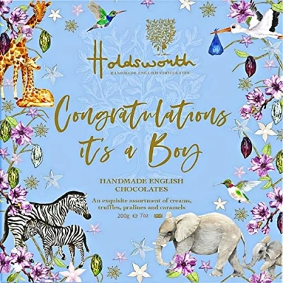 Image of Holdsworth Chocolates Occasions Collection Congratulations It&#039;s A Boy Gift Box Filled with Handmade Truffles and Assorted Milk, Dark White 200g
