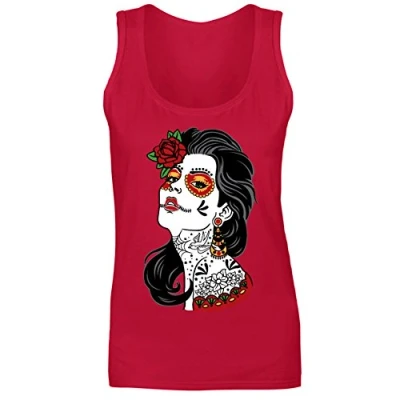 Image of Womens Mexican Muerte Lady Day of The Dead Vest Tank Top Red UK 12 (L)