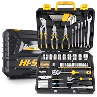 Image of Hi Spec 89 Pc Mechanic Tool Set with Motorcycle and Car Tools. Includes Hand Kit, Screwdriver Socket Set, Allen Key, Ratchet Adjustable Wrench in a Plastic Storage Box