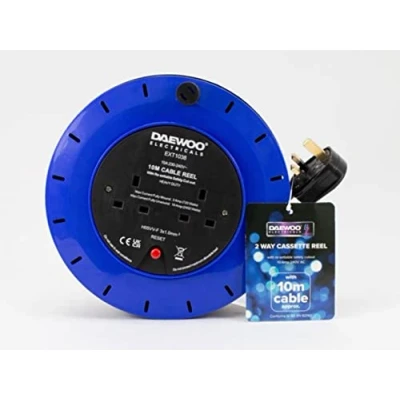 Image of DAEWOO EXT1038 2 Way UK 3Pin Plug 10amp Extension Reel with 10 Metre Heavy Duty Winding Cable and Safety Cut Out Switch Assorted colors