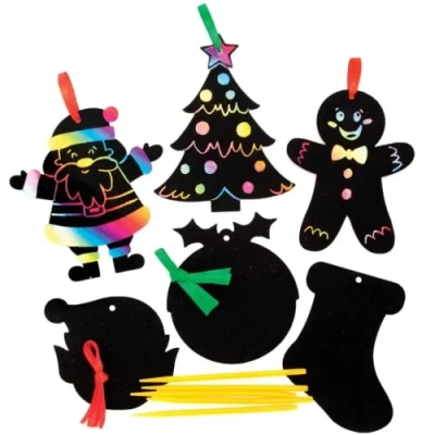 Image of Baker Ross Christmas Scratch Art Decorations Pack of 12 Decoration Craft Kit for Kids, Festive Activities Children (FC200)