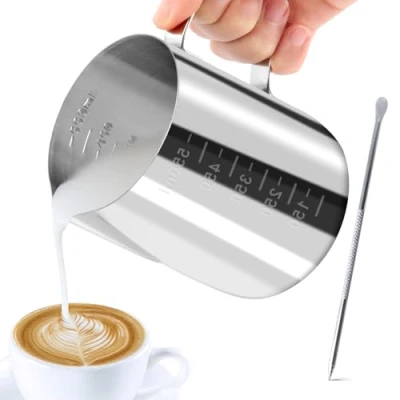Image of JOPHEK Milk Jug, Handheld Stainless Steel Frothing Coffee Creamer Frother Jug Cup with Measurement Mark and Latte Art Pen, Perfect for Barista Espresso (600 ml)