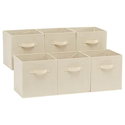 Image of Amazon Basics Collapsible Fabric Storage Cube/Organiser with Handles, Pack of 6, Solid Beige, 26.6 x 27.9 cm