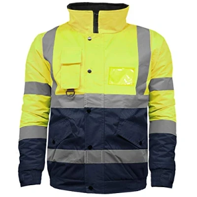 Image of High Visibility Safety Security Reflective Protective Waterproof Workwear Bomber Jacket Fluorescent (3XL, Yellow/Navy)