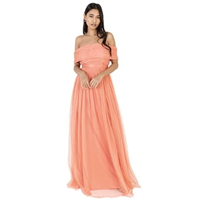 Image of Anaya with Love Women&#039;s Womens Ladies Maxi Bardot Off Shoulder Belt Long Empire Waist for Wedding Guest Prom Even Dress, Coral Pink, 14 UK