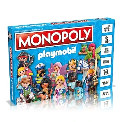 Image of Winning Moves PLAYMOBIL Monopoly Board Game, buy iconic sets from the Stable, Police Headquarters to Princess Castle and Skull Pirate Ship, great gift for ages 8 plus