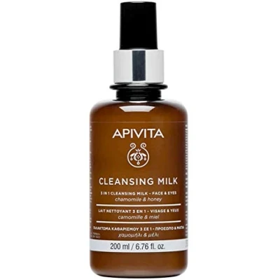 Image of Apivita 3 in 1 milky cleanser for face and eyes, suitable all skin types, cleanses impuriyies/make up &amp; tones with German Chamomile Honey