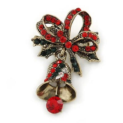 Image of Avalaya Vintage Inspired Red/Green/White Christmas Crystal Jingle Bell Brooch in Antique Gold Tone 40mm