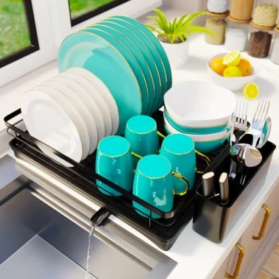 Image of Homiu Dish Drainer Rack Stainless Steel Utensil Holder Swivel Drainage Spout Kitchen Sink Draining Board Drying for Counter &amp; Cutlery Black