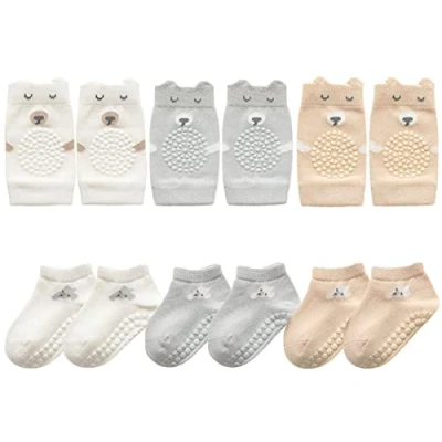 Image of FedMois 3 Pairs Baby Knee Pads for Crawling + Anti slip Socks Cotton, grey, white and beige, 9 18 Months