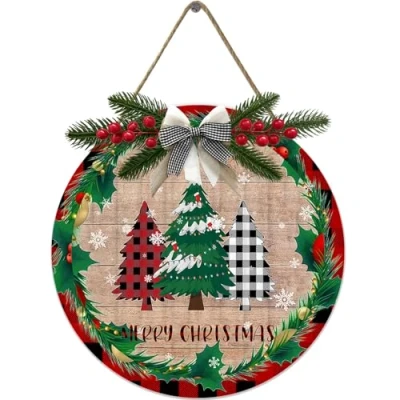 Image of Merry Christmas Welcome Sign Xmas Tree Door Round Wood Wreaths Wall Hanging Outdoor, Farmhouse, Porch Front Decoration 12x12 Inch