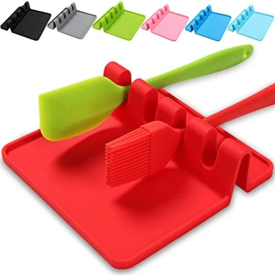 Image of Silicone Utensil Rest with Drip Pad for Multiple Utensils,BPA Free Spoon &amp; Holder Stove Top,Heat Resistant,Kitchen Spoons, Ladles, Tongs More,By Sinnsally (Red)