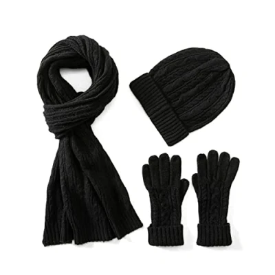 Image of Villand 3 in 1 Womens Wool Hat Gloves &amp; Scarf Winter Set, Piece Cable Knitted Beanie for Women with Gift Box (Black)