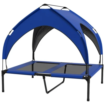 Image of PawHut Cooling Raised Dog Bed, Elevated Pet Bed with Breathable Mesh, UV Protection Canopy, Foot Pads, for Indoor Outdoor, Medium, Large Dogs, 91 x 76 89cm Dark Blue