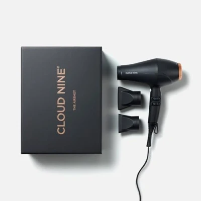 Image of CLOUD NINE The Airshot Hair Dryer Gold Edition Fast Compact 2000w All Types Variable Temperature Control Low Mid High Two Nozzles Included Anti Static Technology