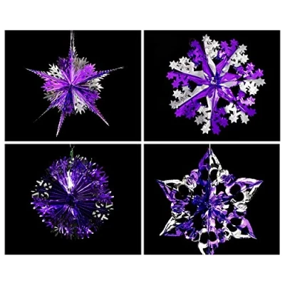 Image of Set of 4 40cm Christmas Foil Ceiling Garland Hanging Xmas Decoration, Long Star, Snowflake, Star Ball &amp; (Dark Purple Silver)