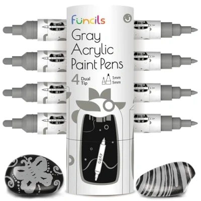 Image of 4 Dual Tip Gray Paint Pen Metallic Fine &amp; Medium Acrylic Markers Marker for Metal, Wood, Rock Painting, Canvas, Ceramic, Glass, Fabric, Leaf and Plastic Water based Ink