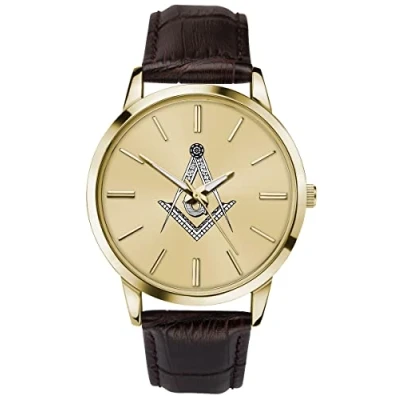 Image of Sekonda Men&#039;s Masonic Analogue Quartz Watch with Gold Case, Dial and Brown Leather Strap 90096