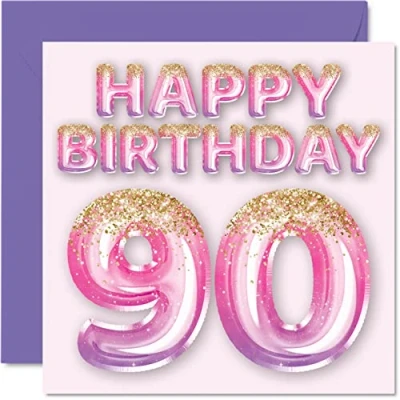 Image of 90th Birthday Card for Women Pink &amp; Purple Glitter Balloons Happy Cards 90 Year Old Woman Mum Great Nanny Grandma Gran, 145mm x Ninety Ninetieth Bday Greeting Gift
