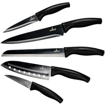 Image of SiliSlick Titanium Coated Colorful Kitchen Knife Set Sharp Stainless Steel Rainbow Knives with Utility Knife, Santoku, Bread, Chef, &amp; Paring Covers