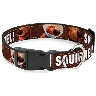 Image of Buckle Down Plastic Clip Collar Dug 3 Poses/SQUIRREL! Brown/Yellow/White 1.5&quot; Wide Fits 18 32&quot; Neck Large