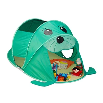 Image of Relaxdays 10033026 Spielzelt Play Seal, Pop, Boys and Girls, Children&#039;s Tent Indoor Outdoor Use, 86 x 100 182 cm, Green/Yellow