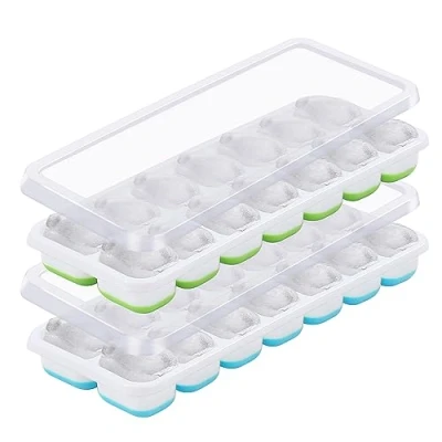 Image of ASAB Pack of 2 Silicone Ice Cube Trays with Lid LFGB Certified BPA Free for Freezer Space Saving Groove Design Easy to Clean Moulds Cocktail Drinks (Green, Blue)