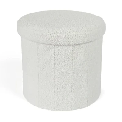 Image of OHS Cream Ottoman Storage Boucle Round, Space Saving Organising Box for Bedroom Living Room Soft with Lid Storage, White