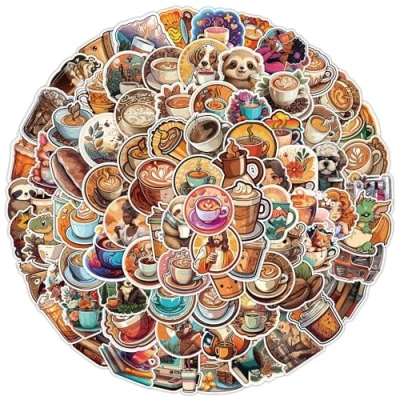 Image of 100Pcs Coffee Stickers Laptop Car Scrapbook Phone Skateboard Suitcase Luggage Bike Animal Vinyl Waterproof Aesthetic Personalised for Teens Boys Girls Adults Children