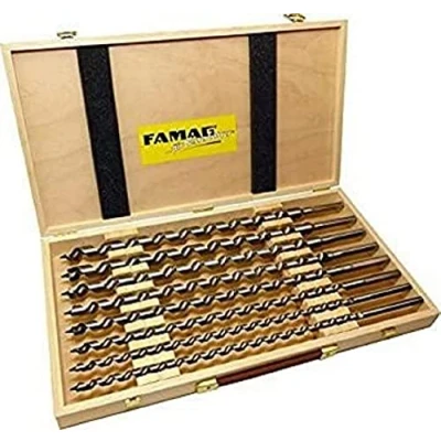 Image of FAMAG Lewis Drill Bit Set in Wooden Box, 8 Piece Diameter 10, 12, 14, 16, 18, 20, 22, 24 mm, Total Length 460 mm