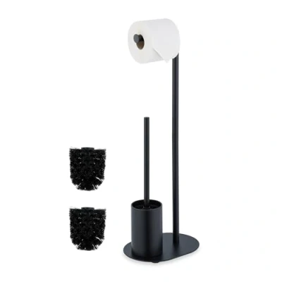 Image of Relaxdays Toilet Roll Holder and Brush Set, Metal, HxWxD 63 x 23 17 cm, Freestanding Bathroom Paper Stand, Black, Foam, Iron, Stainless steel