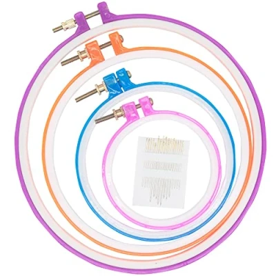 Image of 4 Sizes Colorful Round Embroidery Hoop Set Plastic Circle Cross Stitch Rings for DIY Craft Sewing,Including 16pcs Gold Eye Sewing Needles,LAMXD Hoop(Random Color)