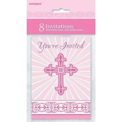 Image of Unique Party 43794 Radiant Cross Pink Religious Invitations, Pack of 8