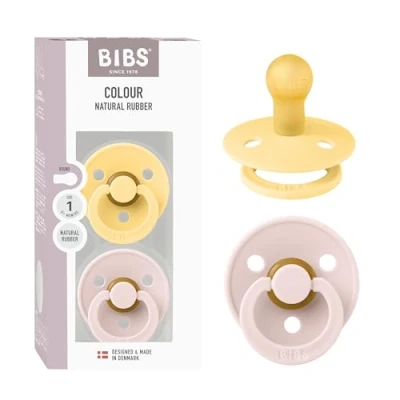Image of BIBS Colour Pacifier 2 Pack, BPA Free Dummy Binky, Round Nipple. Natural Rubber Latex, Made in Denmark, Size 1 (0 6 Months), Pale Butter/Petal