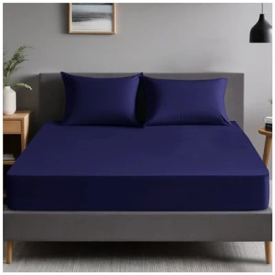 Image of Plain Dyed Bedding Bedsheet, Polycotton Non Iron Solid Percale Sheets, Super Soft Bunk Bed Fitted Navy