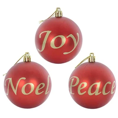 Image of Mr Crimbo Pack of 6 Peace Joy Noel Christmas Tree Baubles Xmas 8cm Red/Gold