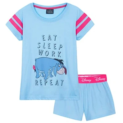 Image of Disney Girls Short Pyjamas Set, Soft Breathable 2 Piece Lounge Wear Gifts (Blue Eeyore, 9 10 Years)