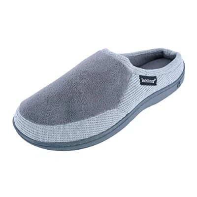 Image of isotoner Men&#039;s Microterry and Waffle Travis Slip on Hoodback Slipper, Ash, 7/8 UK