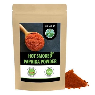 Image of hot smoked paprika (125g, 4.4oz), ground from Spain, powder in resealable packaging