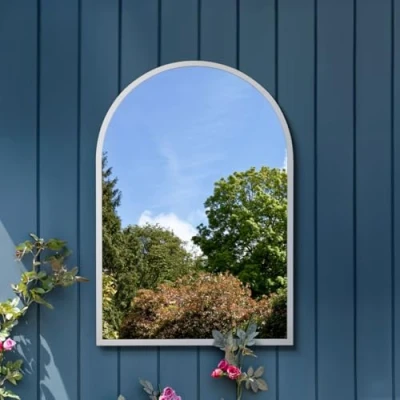 Image of MirrorOutlet The Arcus White Metal Framed Modern Arched Garden Wall Mirror 39&quot; X 27&quot; (100CM 70CM) Black. 2cm Wide Frame and 3cm Deep.