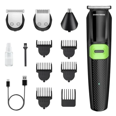 Image of BarberBoss All in One Mens Grooming Kits, Beard Trimmer Men, Hair Clippers Nose Trimmer, Cordless for Men Haircut, Face Grooming, Clipping QR 6057