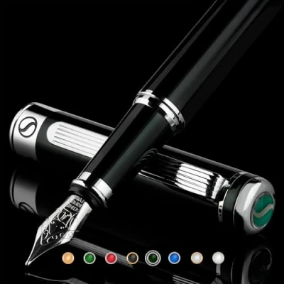 Image of Scriveiner Black Green Fountain Pen Stunning Luxury with Chrome Finish, Schmidt Nib (Medium), Best Gift Set for Men &amp; Women, Professional, Executive, Office, Nice Pens