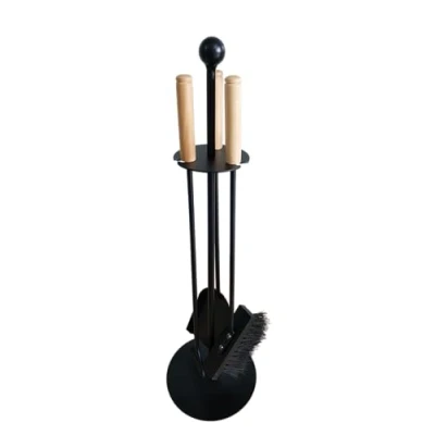 Image of Log Barn 4 Piece Arc Fire Companion Set, Cast Iron Modern Fireside Fireplace Tools, Black with Wooden Handles
